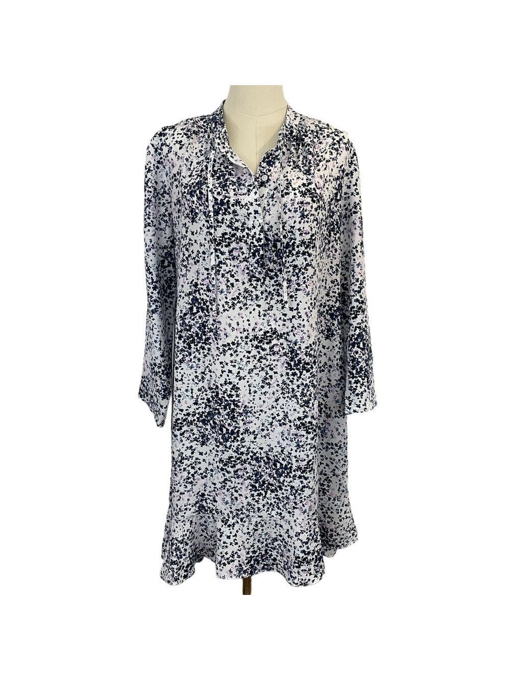 Joe Fresh Long Sleeve Floral Sundress Womens L White Purple Navy Ditsy Girly EUC